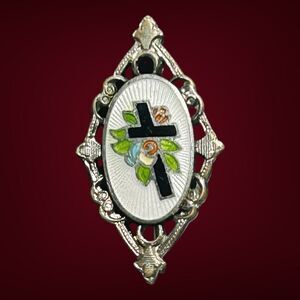 Antique Enamel Cross Brooch Pin White C Clasp Christian Resurrection Or Mourning